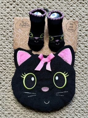 *NWT* Baby Essentials Black Cat Bib and Sock Set, Size 0-6M